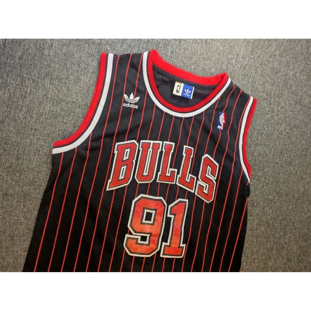 Dennis Rodman #91 Chicago Bulls Adidas NBA Basketball Pinstripe Jersey Large +2